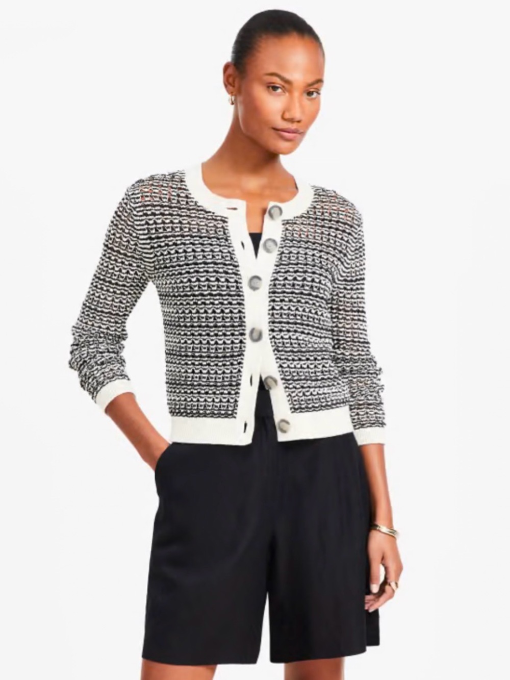 LOFT Black and Cream Open-Weave Button Cardigan